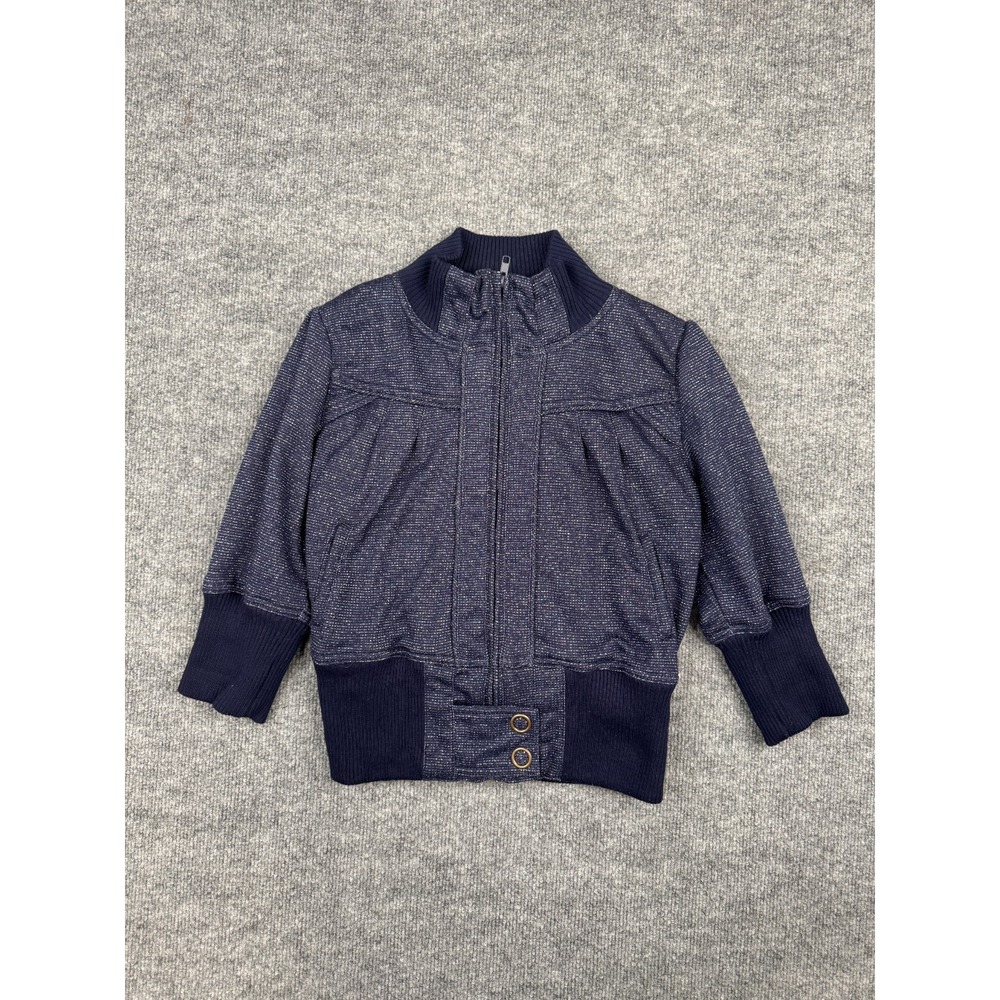 Papaya Navy Blue Metallic Zip Up Bomber‎ Jacket L Ribbed Cuffs Waistband